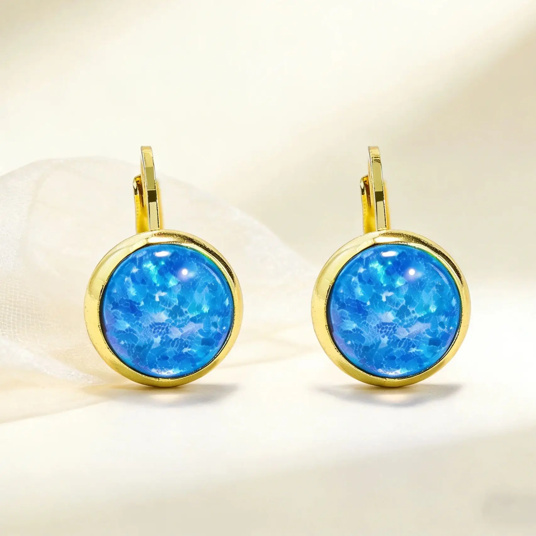 Boho Chic Round Blue Opal Crackle Earrings with Leverback,Casual Elegant Statement Jewelry Gifts for Aniversary Valentine's Day