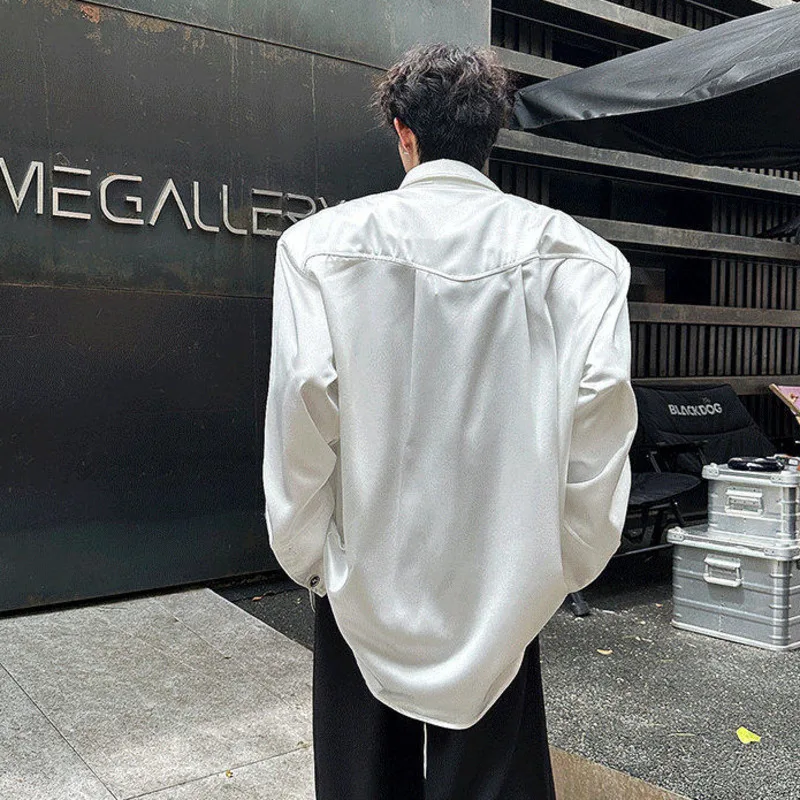 WVGA Spring Summer New Men's Luxurious Elegant Pearl Glossy Padded Shoulder Long Sleeve Shirts Niche Chic Casual Tops Ins W23479
