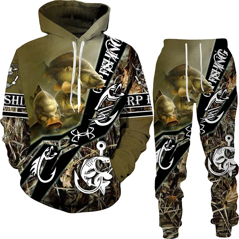 New 3D Fishing Art Print Casual Couple Hoodies Outfits Hip Hop Streetwear Hooded Sweatshirt Sweat Pants Men Boy Kids Outdoor
