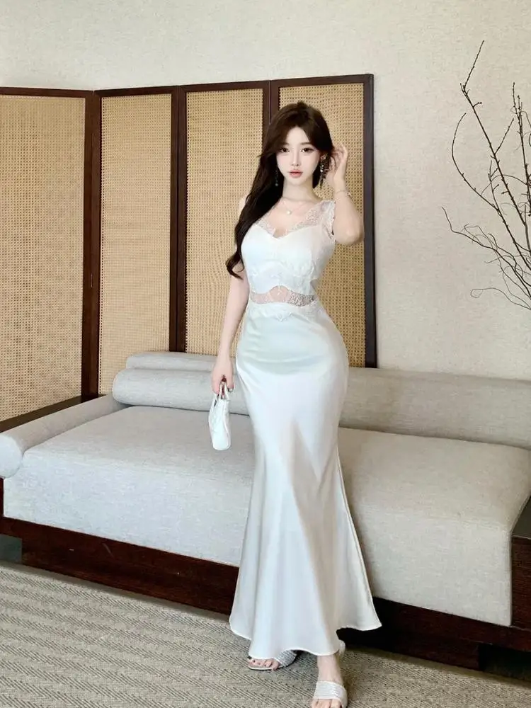 

French Retro Women Beige Patchwork Lace Sleeveless Pleated Vest Dress Summer V-neck Sexy High Waist Party Fishtail Long Dresses