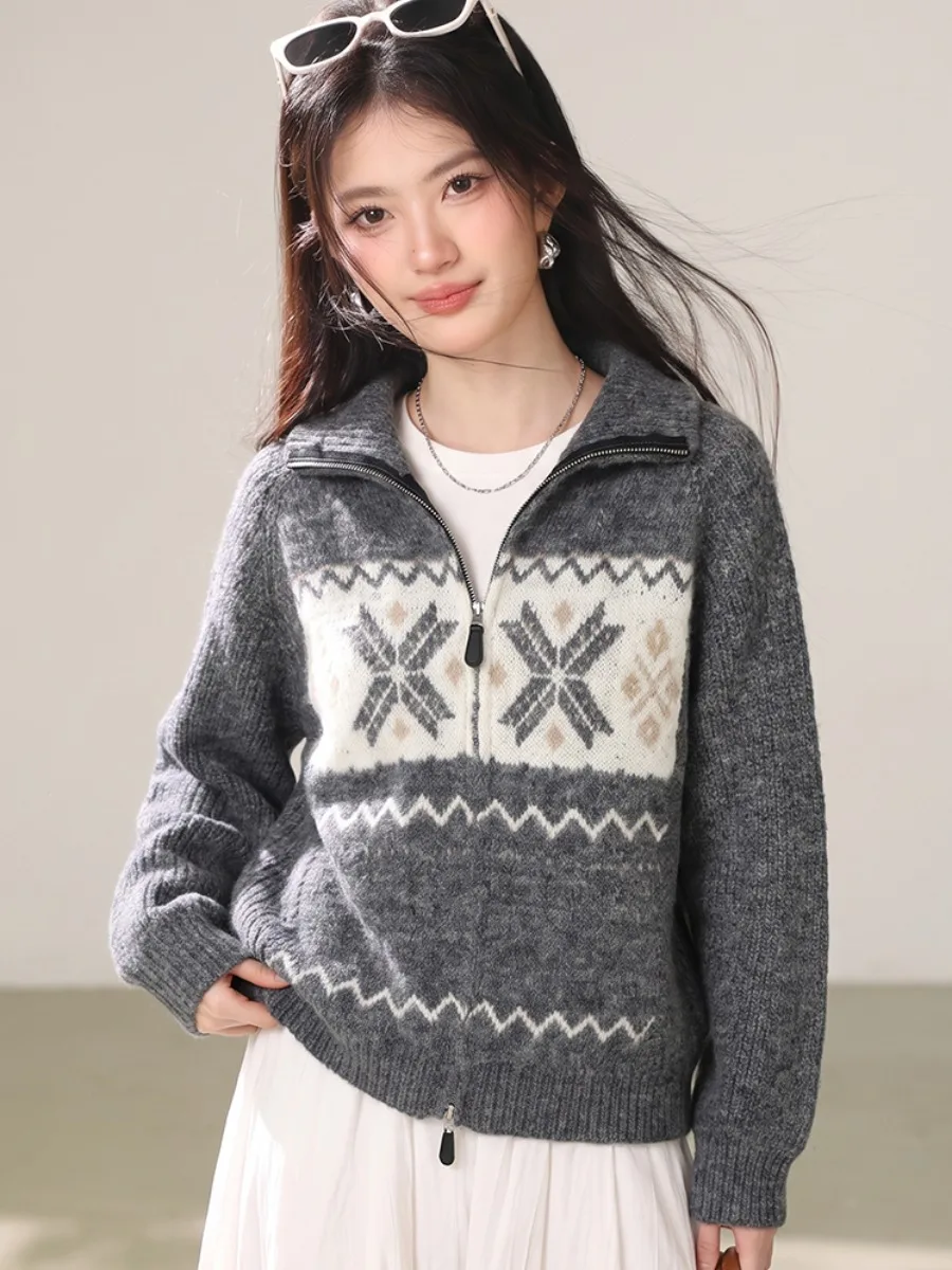 Ladies' Loose Knitted Sweater Coat Zipper High Collar Casual Style Fleece Autumn Winter New Arrival Vintage Fair Isle Top