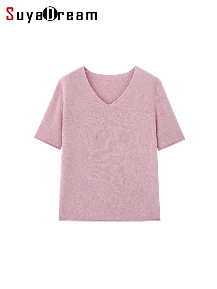 SuyaDream, Damenpullover, 100 % Schafwolle, kurzärmelig, weiche Pullover, 2025 Herbst-Winter-Solid-Chic-Top, Rosa, Grau, Rosa