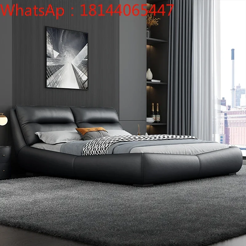 

Bed Italian extremely simple real leather wedding high-end simple light luxurious solid wood leather