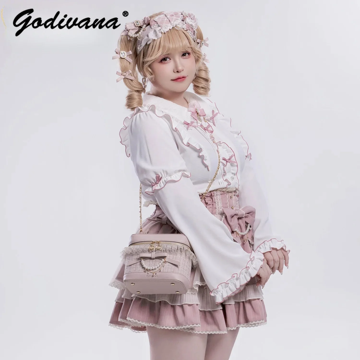 Original Lolita Sweet Tweed Crossbody Bag Sweet Girls Women's Pearl Chain Portable Mini Handbag Small Bucket Bags