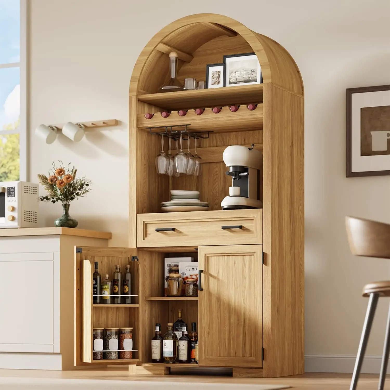 

72" Tall Arched Kitchen Pantry,Adjustable Shelves, and Wine Racks, Versatile Cupboard for Dining Room, Natrual Oak