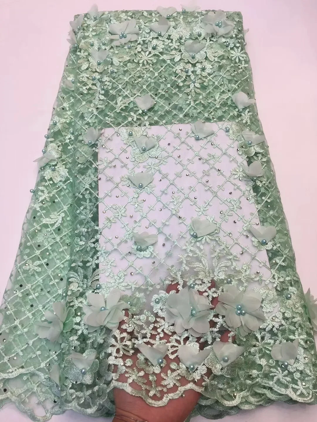 

Green Lace Fabric 3D, Nice Beaded African Net Lace, Wedding Party Dress Tulle Lace Materials RF432