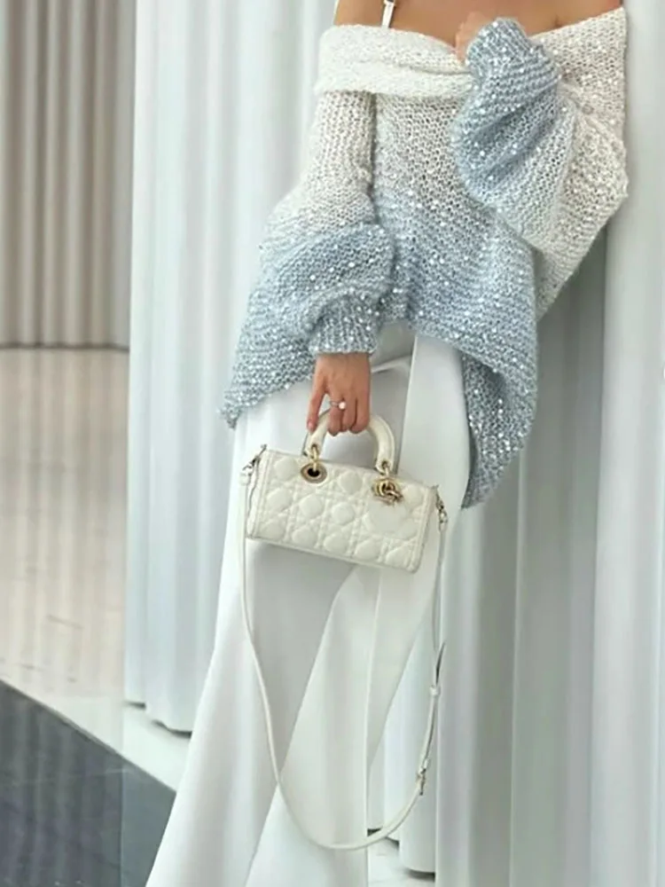 

Gradient glitter single shoulder casual loose sweater lazy style autumn and winter new knitted sweater