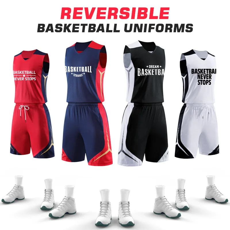 Personalized Customizable Mens Double Side Basketball Jerseys 100% Polyester Mesh Breathable Reversible Basketball Uniforms Sets