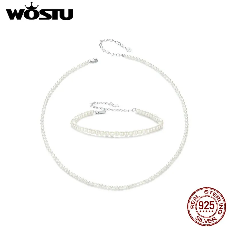 WOSTU 925 Sterling Silver Australian South Sea Pearl Necklace Bracelet Set Plated White Gold For Women Party Gift Fine Jewelry