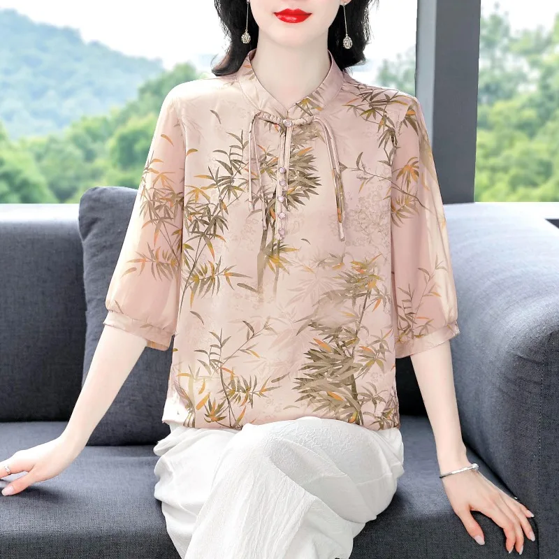 2024 Spring and Summer Women\'s New Stand Collar Pullover with Chinese National Style Printed Chiffon Button Fashion Style Shirt