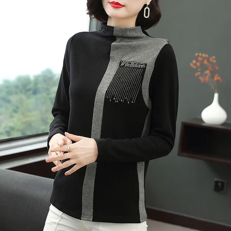 Winter Women Korean Fashion Rhinestone Patchwork Fleece Thick Warm T-shirt Elegant Half High Collar Long Sleeve Slim Basic Tops