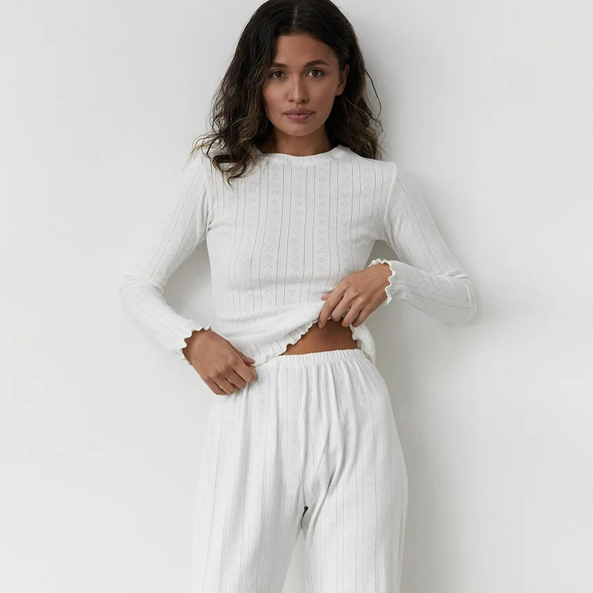 

Весенняя вязаная пижама для женщин: комплект из двух предметов с ажурным жаккардовым узором, длинными рукавами и брюками, однотонная домашняя одежда