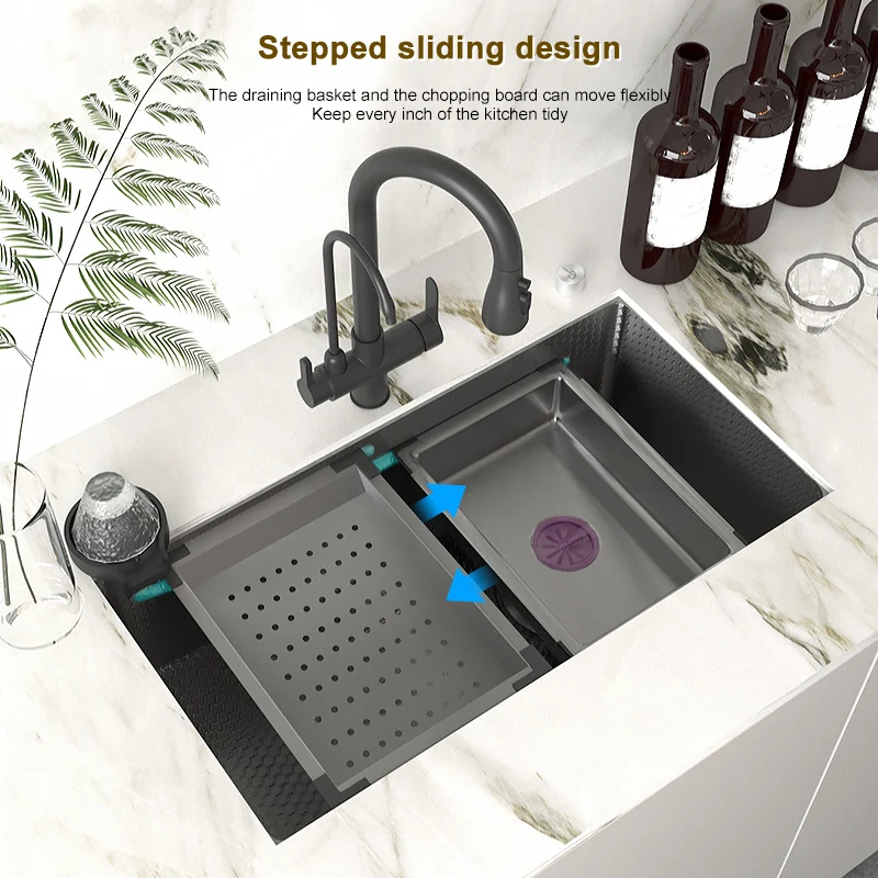 Stainless Steel Embossed Kitchen Sink Large Single Slot Washbasin Multifunctional Washing Basin Understage installation