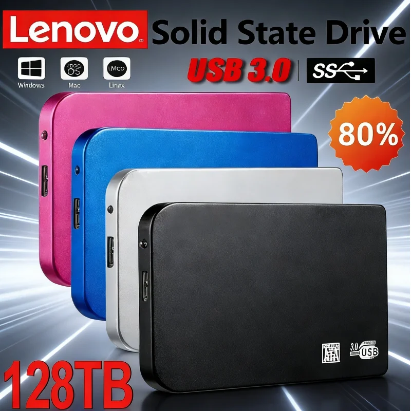 

Lenovo 128TB High-Speed SSD Enclosure, USB3.0 External Mobile Hard Drive Case, ABS HDD/SSD Storage Box with USB3.0 Cable