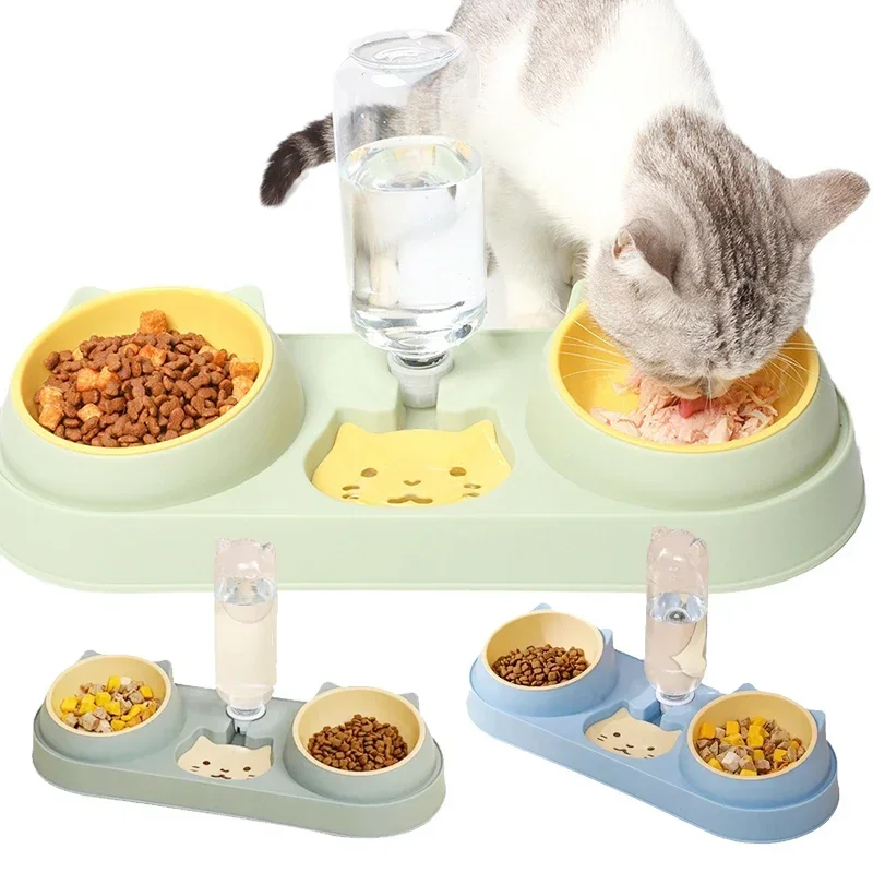 Pet Cat Bowl Automatic Feeder Dog Food Bowl With Water Fountain Double Bowl Drinking Raised Stand Dish Bowls For Cats