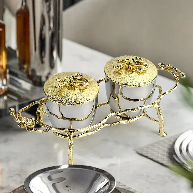 Stainless steel seasoning tank combination set, light  with lid, gold decorative plum blossom ornament, gifts, high value