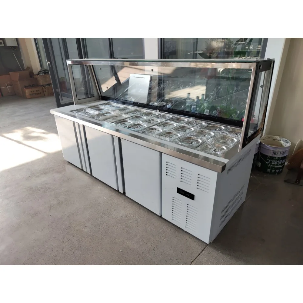 Factory Wholesale Commercial Salad Table Slotted Fresh-keeping Air Cooling Stainless Steel 201 2-Door Silver White Automatic view 5