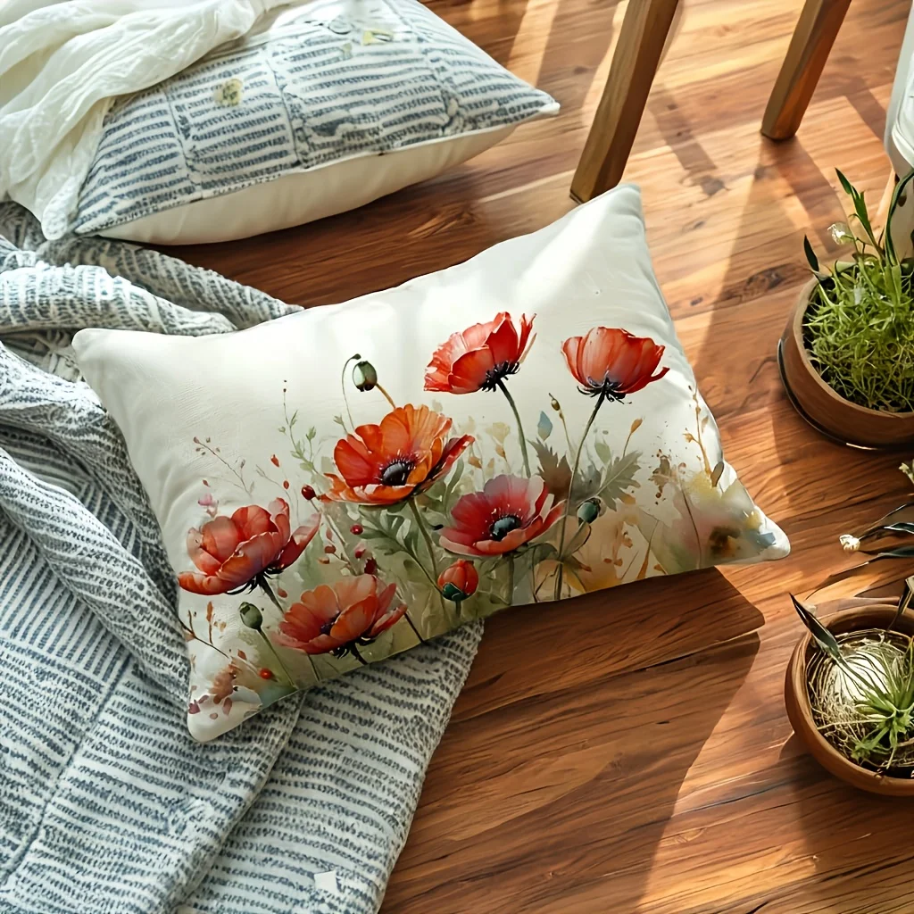 1pc Watercolor Poppy Flower Printed Pillow Cover,Suitable for Sofa, Bedroom, Living Room, Study,Artistic Gift for Flower Lovers.