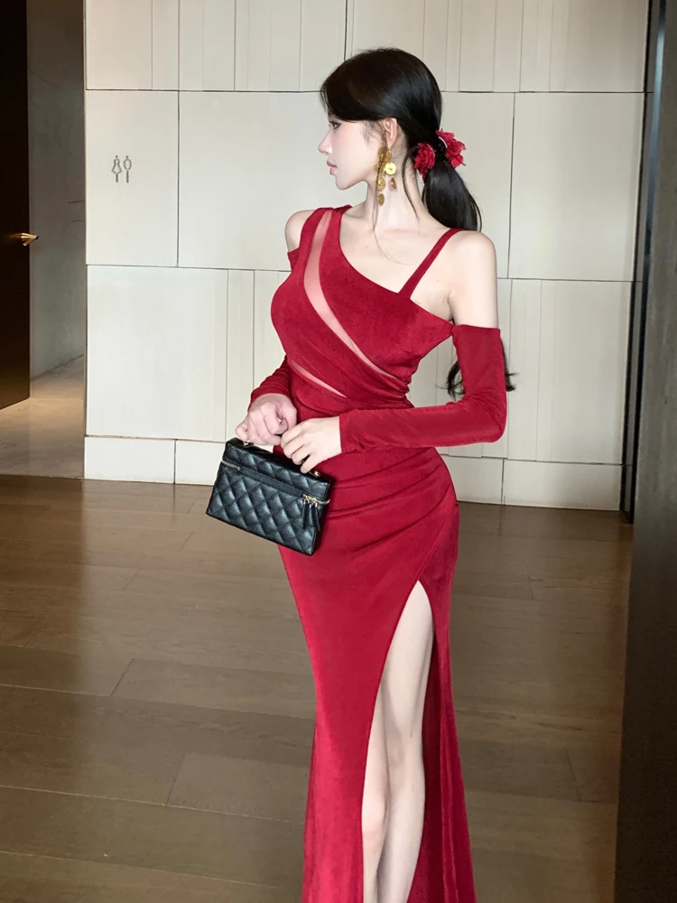 فستان نسائي أنيق من Foamlina ذو منظور شبكي بدون أكتاف للحفلات المسائية وأكمام طويلة وخصر نحيف مكشكش وفتحة عالية فستان مثير #2