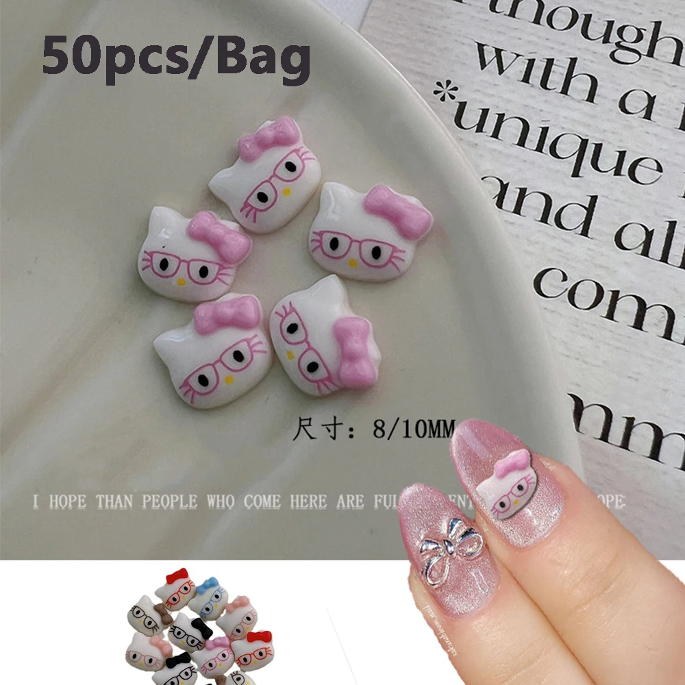 

50 шт./пакет 3D розовые очки Hello Kitty Nail Charms Kawaii Resin Kitty Cat Nail Art украшения Sweet False Nail Kitty Nail Part