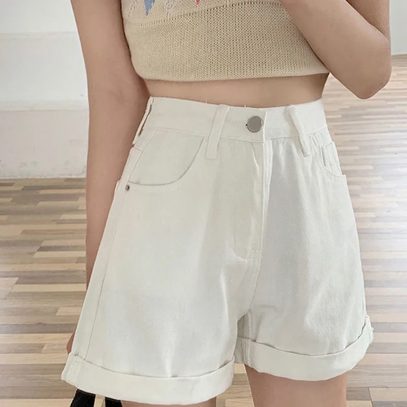 

Summer Hot Sale High Waist Loose Comfortable Fit Casual Women's Denim Shorts Outerwear Wide Leg Hot Pants Korean Style Cuffed