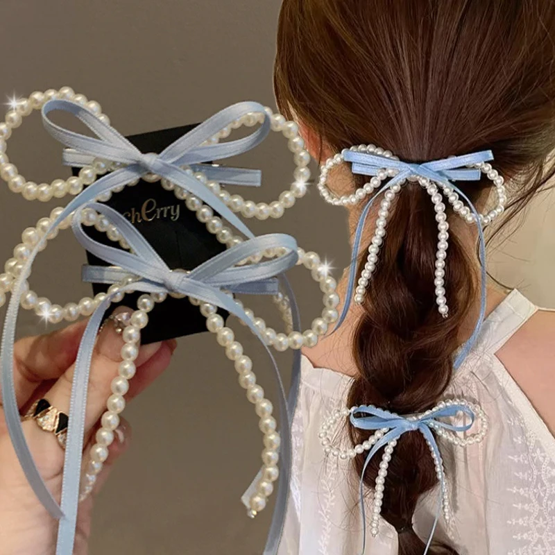 

Sweet Ballet Style Bowknot Hair Clips Women Pearl Bow Ribbon Side Duckbill Clip Korean Version Kawaii Hair Tie Hairpin Barrettes