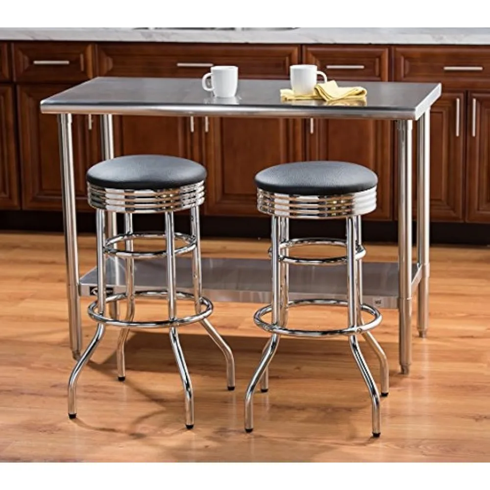 Heavy Duty 30-Inch Backless Swivel Bar Stool for Kitchen, Garage, or Workshop, Chrome Finish with Faux Leather Seat, 2 Pack, Bl