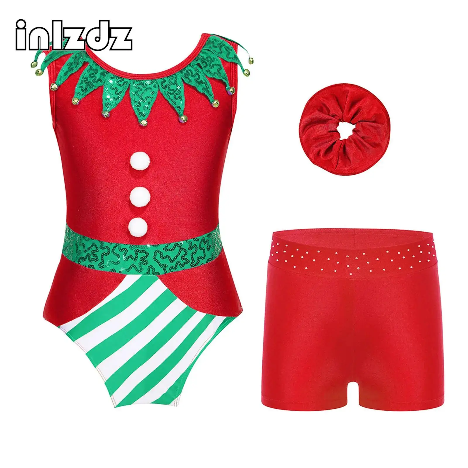 

Kids Girls Christmas Dance Costume Set Candy Cane Striped Santa Elf Bodysuit Ballet Gymnastics Leotard with Short Dancewear