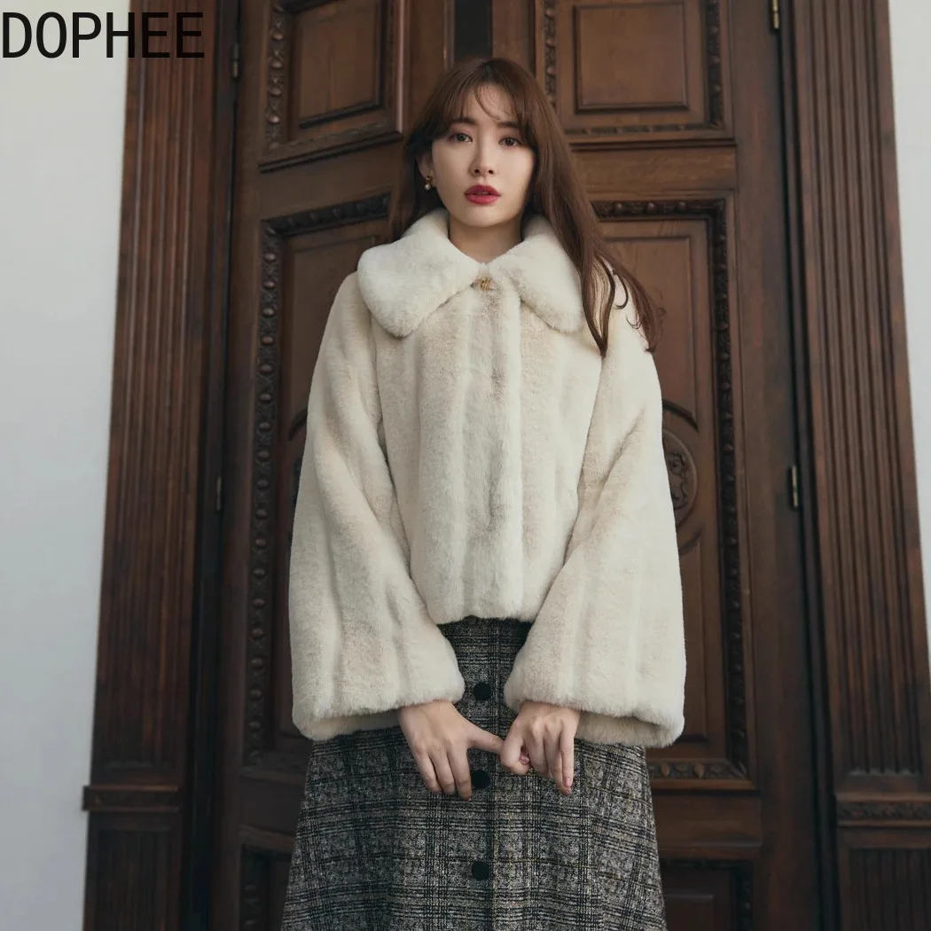 

Japanese New Winter Elegant Turn-down Collar Faux Fur Short Cardigans Coat Fashion Lady Single-breasted Long Sleeve Fur Jackets