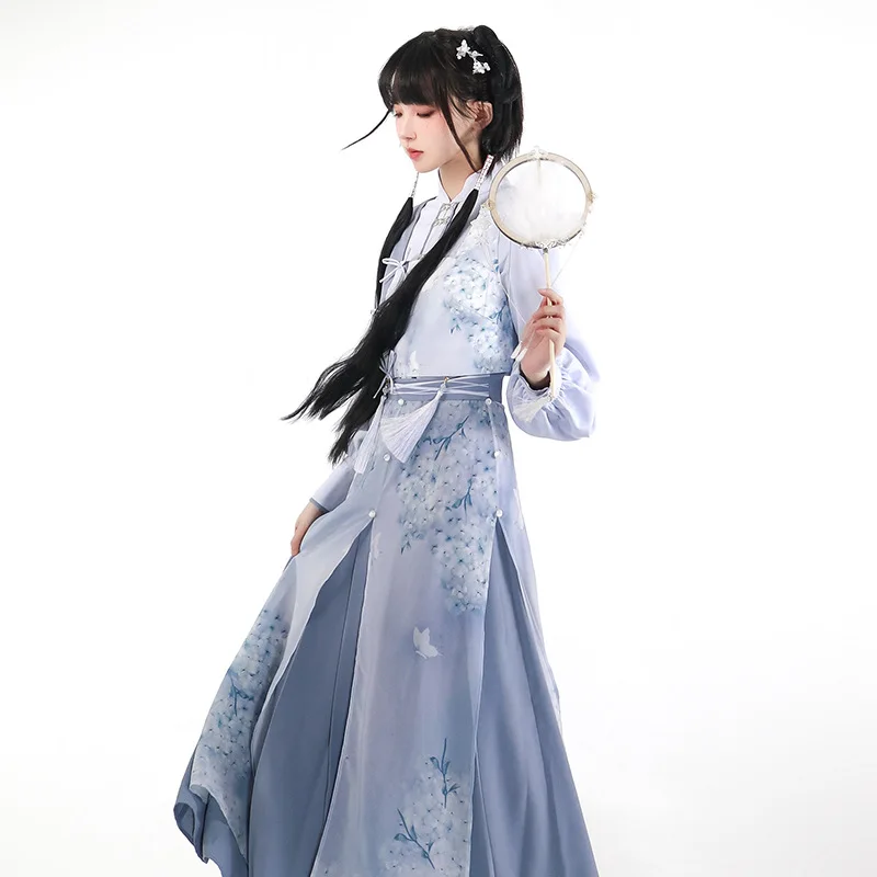 Lolita Women Dresses Chinese Style Hanfu Girls Princess Sweet Blue Floral Dress Japanese Harajuku Cute Cosplay Costume Dress