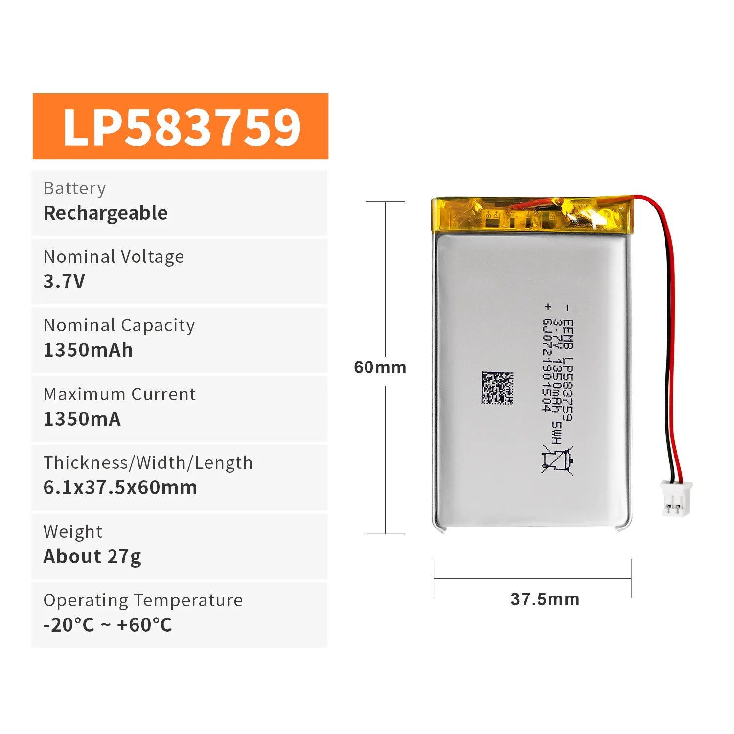 EEMB 552248/55253/562438/5674105/578499/582535/583759 3.7V rechargeable lithium polymer battery custom plug