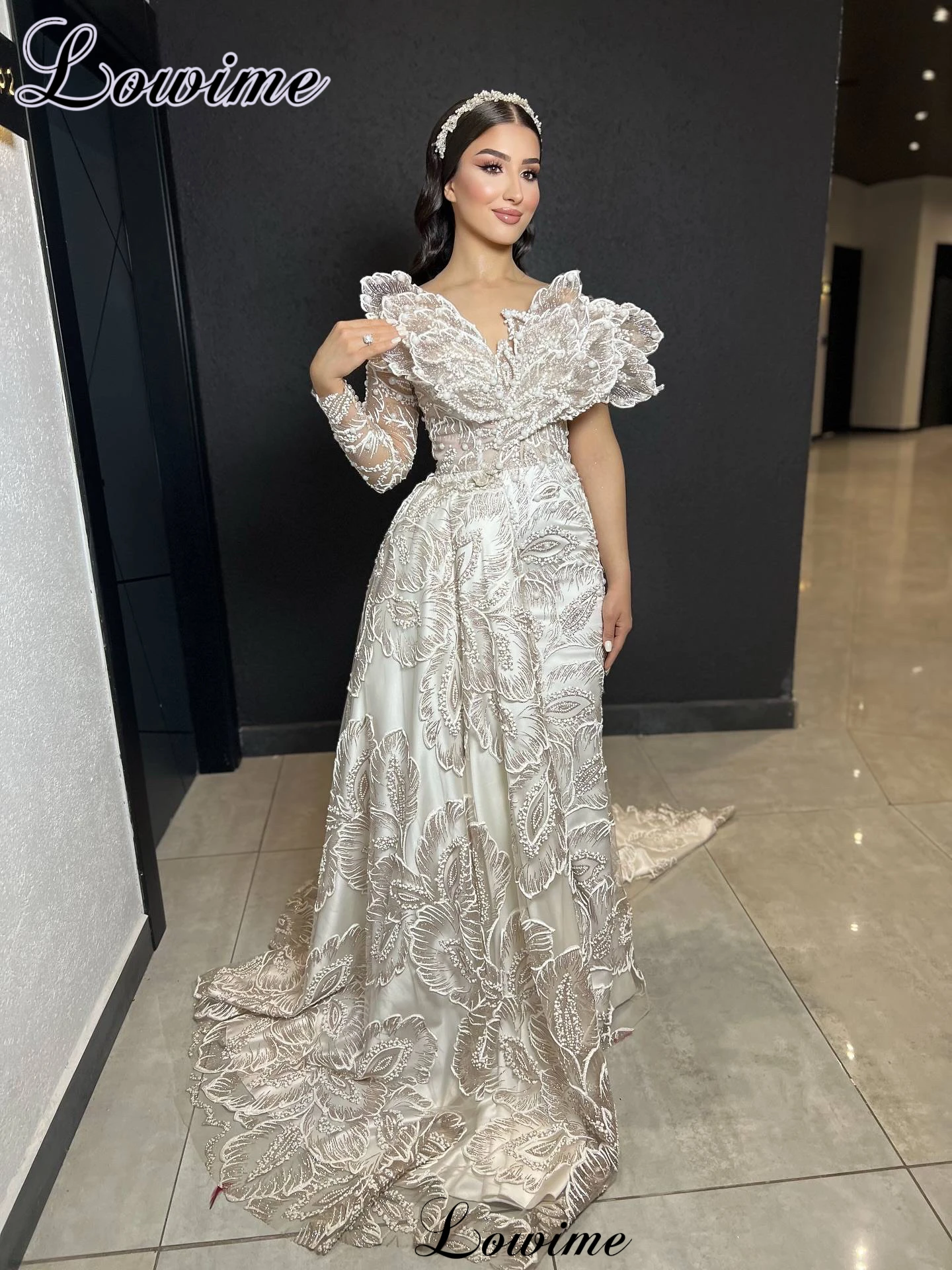

2025 Newest Floral Evening Dresses A-Line Sheer Neck Special Prom Dresses With Detachable Train Robes De Soirée Customized