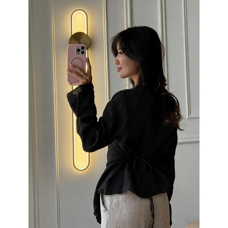 2026 Summer New Irregular V Neck Long Sleeve Blouse for Women Asymmetrical Ruffle Hem Linen Shirt Elegant All-match Ladies Tops 5