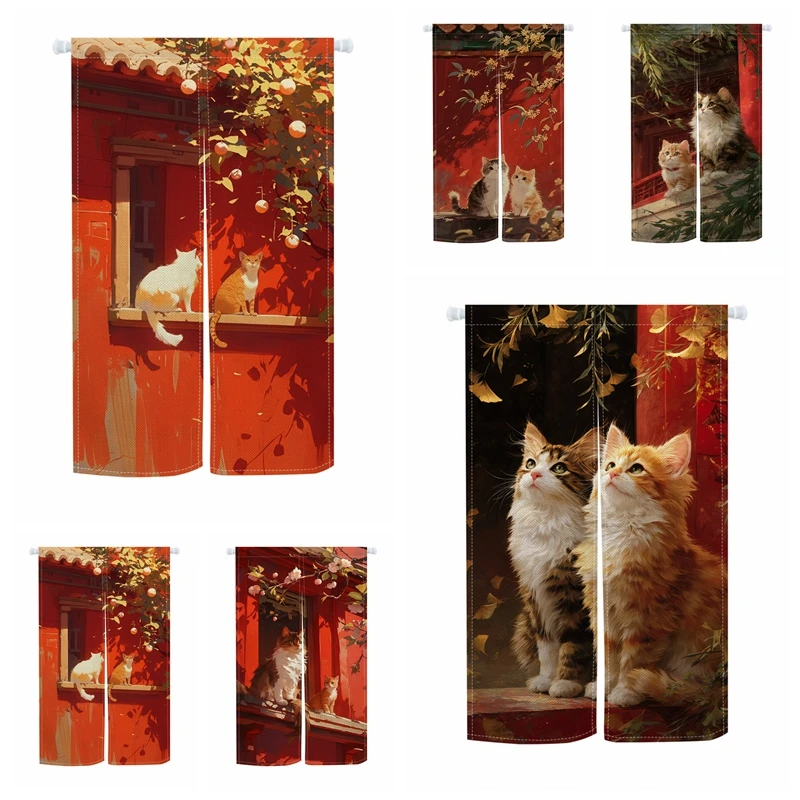 Chinese Style Noren Door Curtains Cute Cat Floral Linen Doorway Curtain Entryway Partition Restaurant Kitchen Split Half curtain