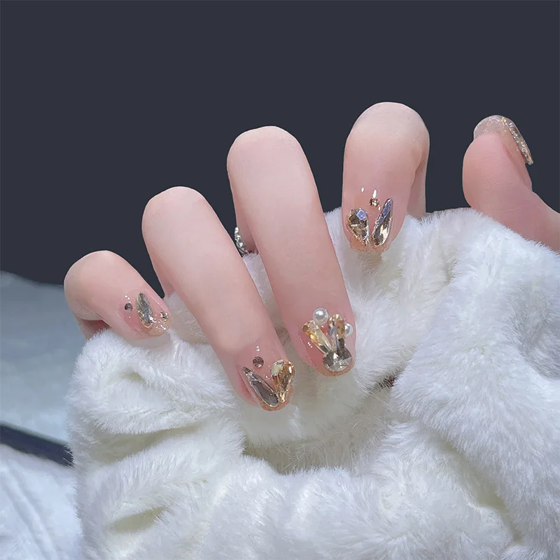 Champagne Zircon Spring/Summer Wearable Women Nail Patch Gentle Frosted French Halo Dyed Small Flower Nail Finished Product