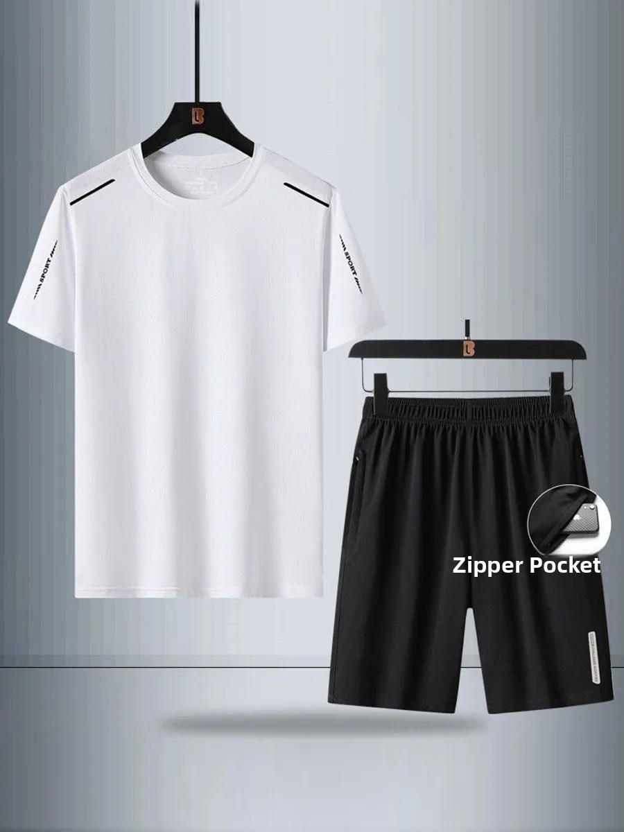 

Men's Summer Ice Silk Qui Dry T-irt Fitn Clothes Breathable Thin Running ort Sve Loose Casual orts Sport Set