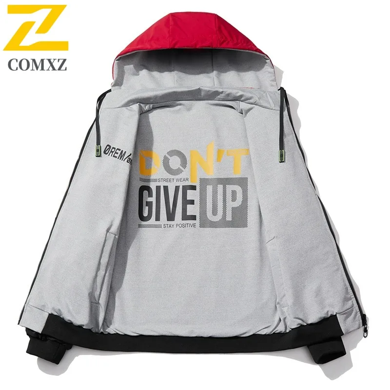 COMXZ 2025 في الهواء الطلق كتلة اللون زوجين مقنعين سترة العمل مقاوم للماء الرياضة عادية كم طويل سترة واقية للجنسين معطف مقاوم للماء