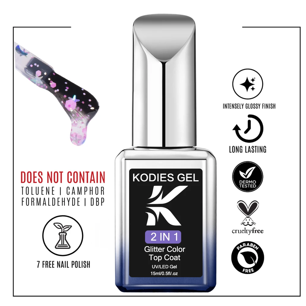 Kodies Gel Glitter Top Coat Gel Nagellak 2 In 1 Semi Permanente Uv-Ster Maan Halo Topcoat Geen Veeg Manicure Salon Sealer Finish