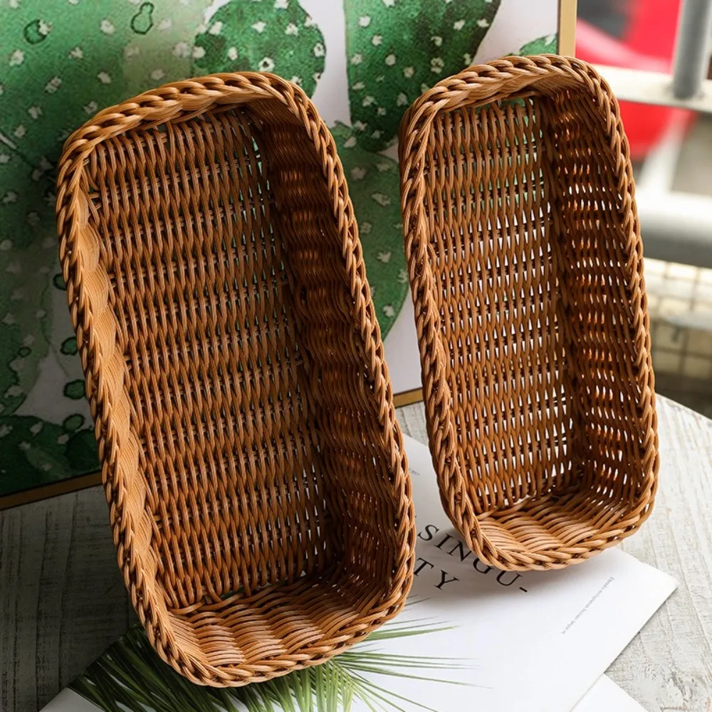 Kitchen Supplies Plastic Imitation Rattan Storage Basket Rectangle Durable Faux Wicker Tray Universal Bread Food Plate Home