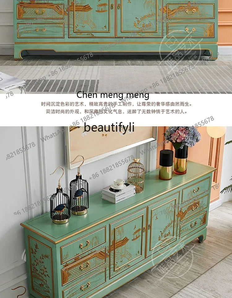 Light French retro green living room solid wood TV cabinet painted entrance villa dining side cabinet
