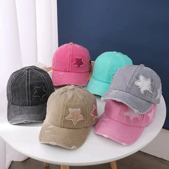 Retro Star Washed Denim Hole Baseball Cap Y2K Sun Hat For Women Men Cotton Ponytail Caps Fashion Hip Hop Snapback Hats Gorros