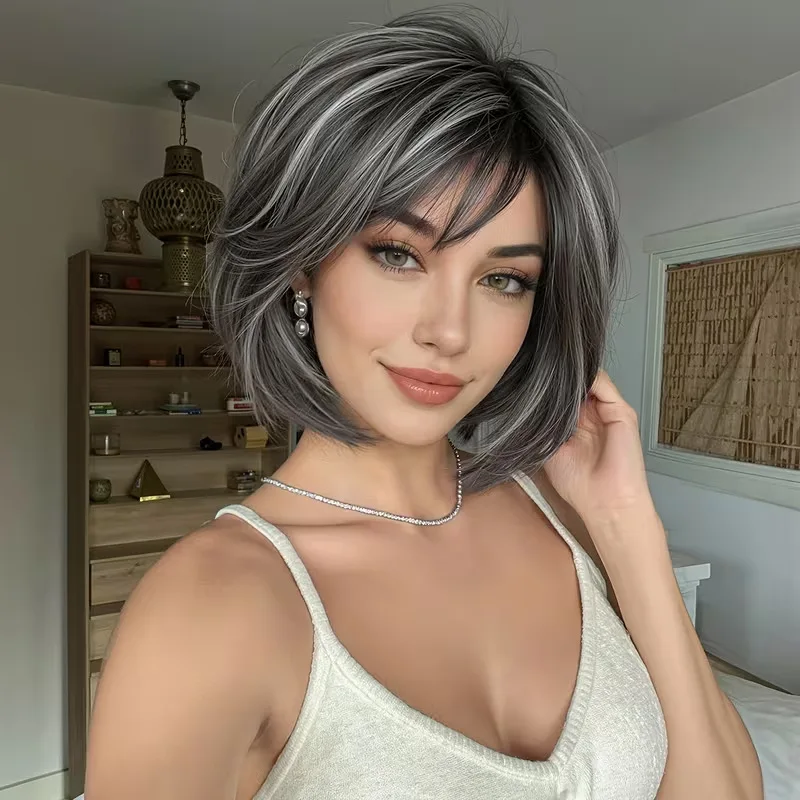 Gray and silver highlights layered short bob wig for women with mixed gray gradientBOBSide-parted textured short gray hair wig