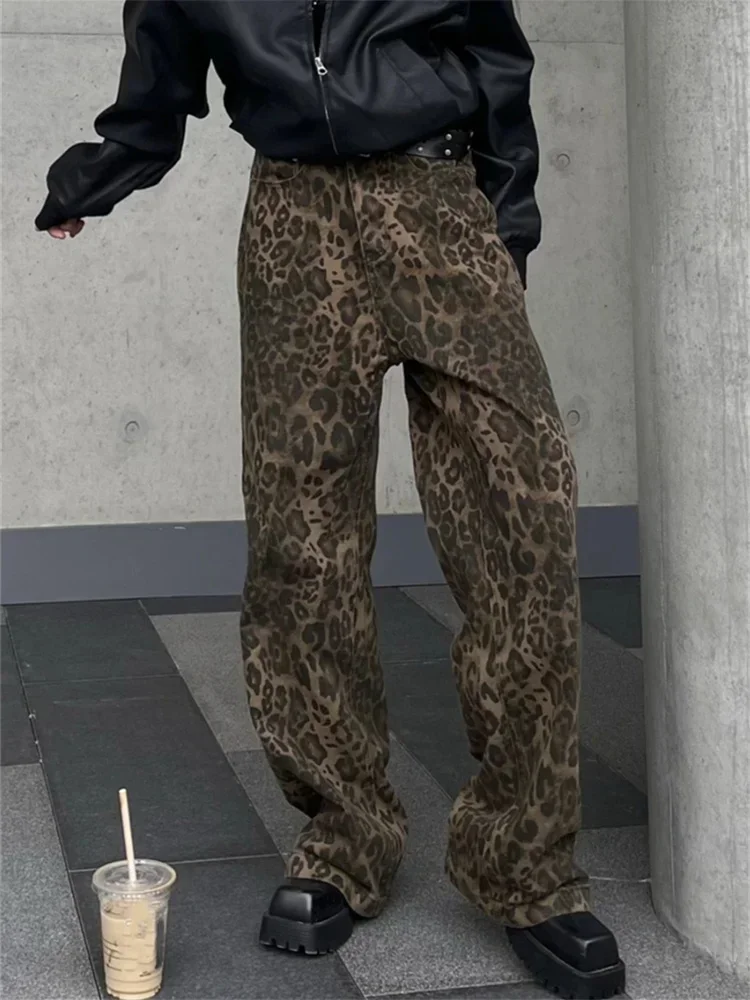 

Leopard Print Y2k Jeans Women Spring New Vintage Fashion High Waist Cargo Denim Pants High Street Baggy Casual Wide Leg Trousers