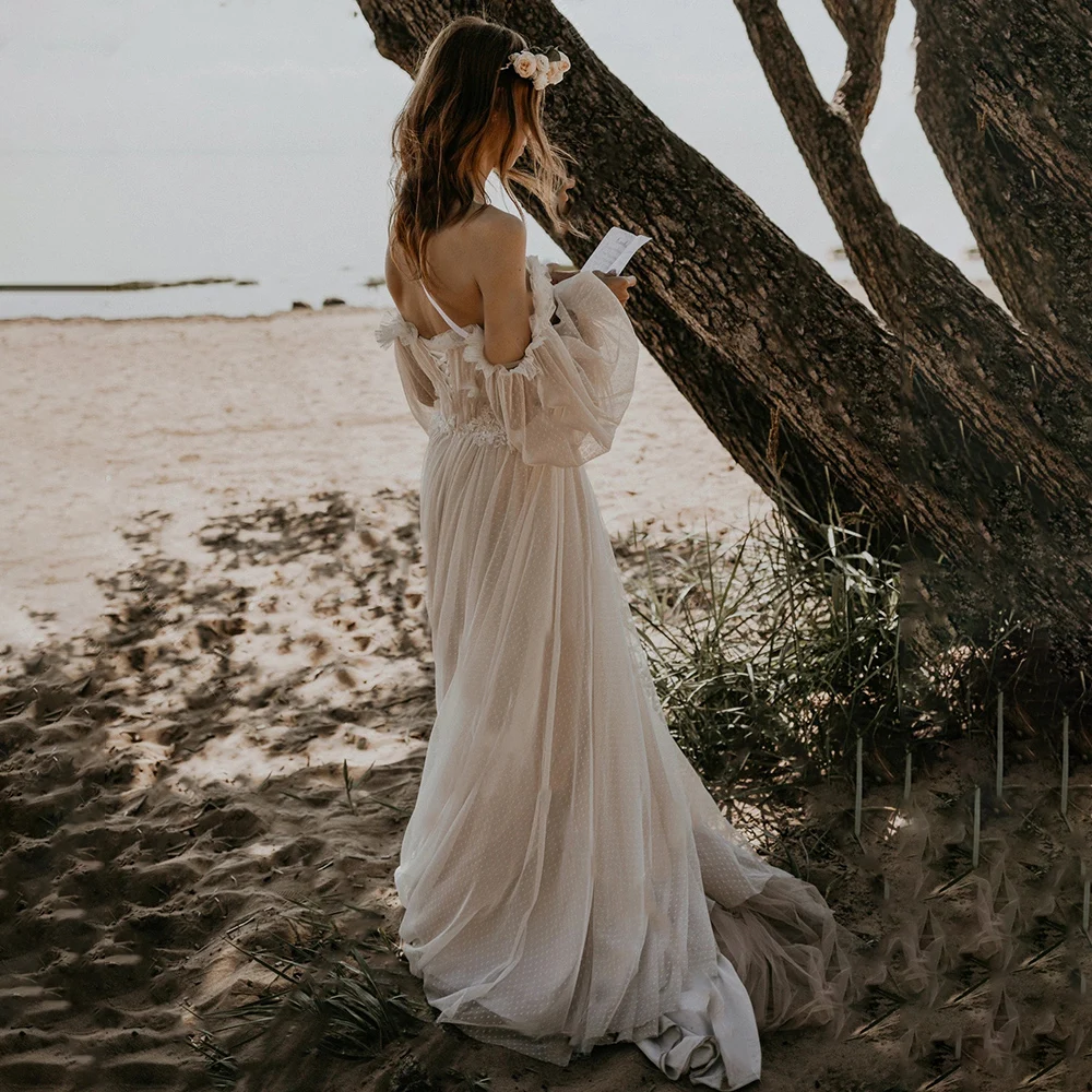 Ruffled Off Shoulder Polka Dot Wedding Dress Customized Victorian Long Bishop Sleeves Beading Ruched Tulle Applique Bridal Gown