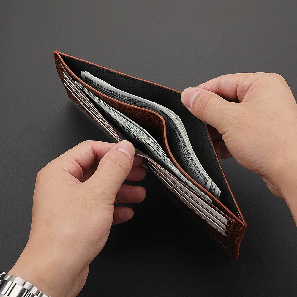 محفظة رجال الأعمال القصيرة الرجعية ، جلد بولي يوريثين ناعم أفقي ، فتحة بطاقات متعددة ، الموضة