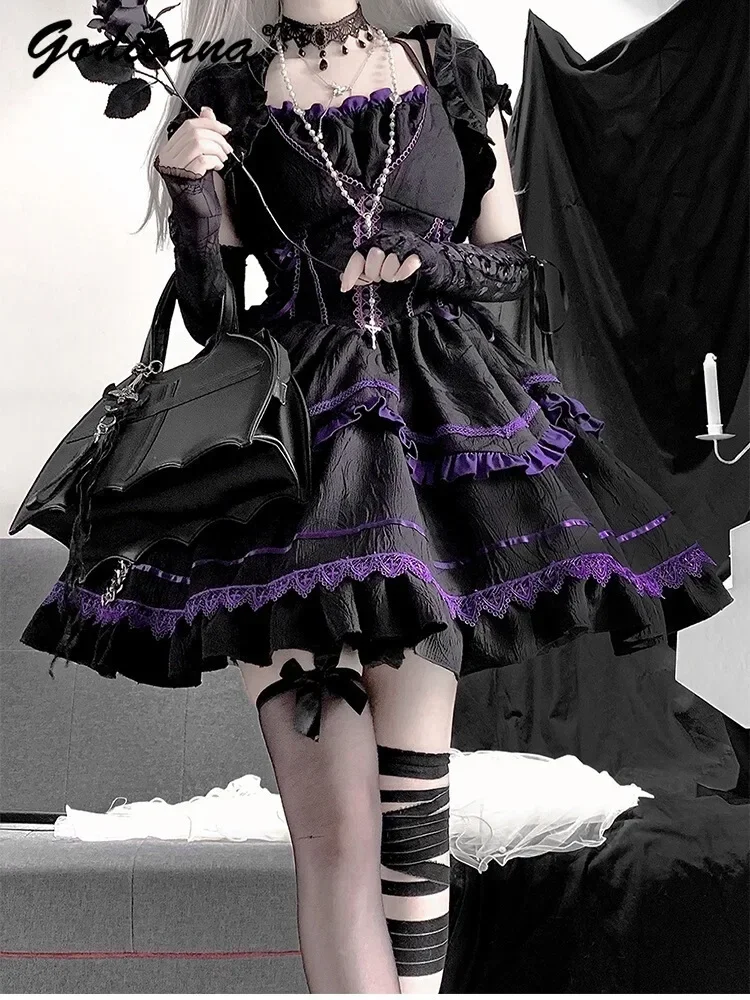 Original Lolita Dark Goth Elegant Lolita JSK Dress Halloween Cos Costume Girl Womens Purple Black Princess Sling Dress with Cape