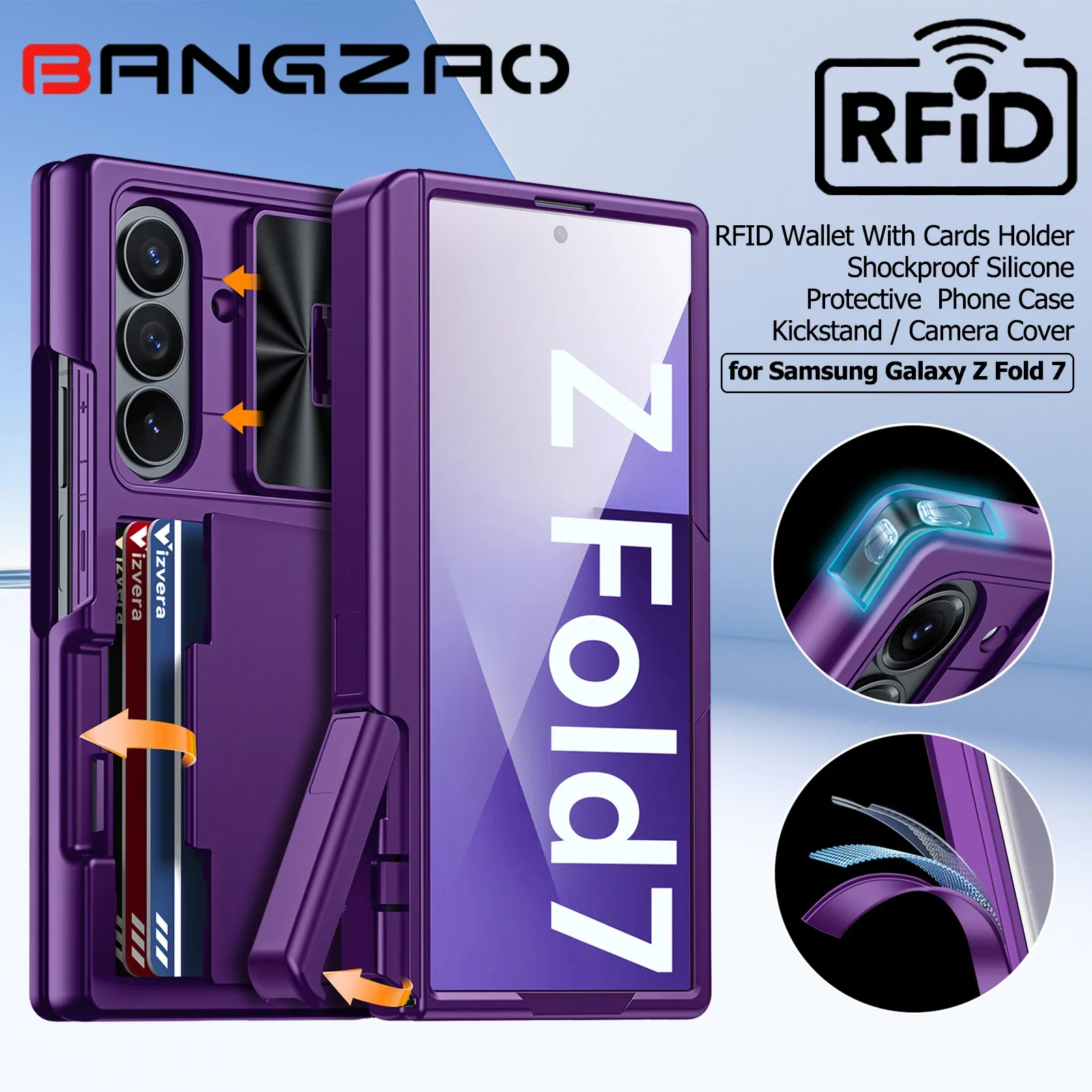 

Чехол для Galaxy Z Fold 7, RFID-кошелек с держателем для карт [подставка][крышка для камеры] Противоударный силиконовый защитный чехол для телефона - фиолетовый
