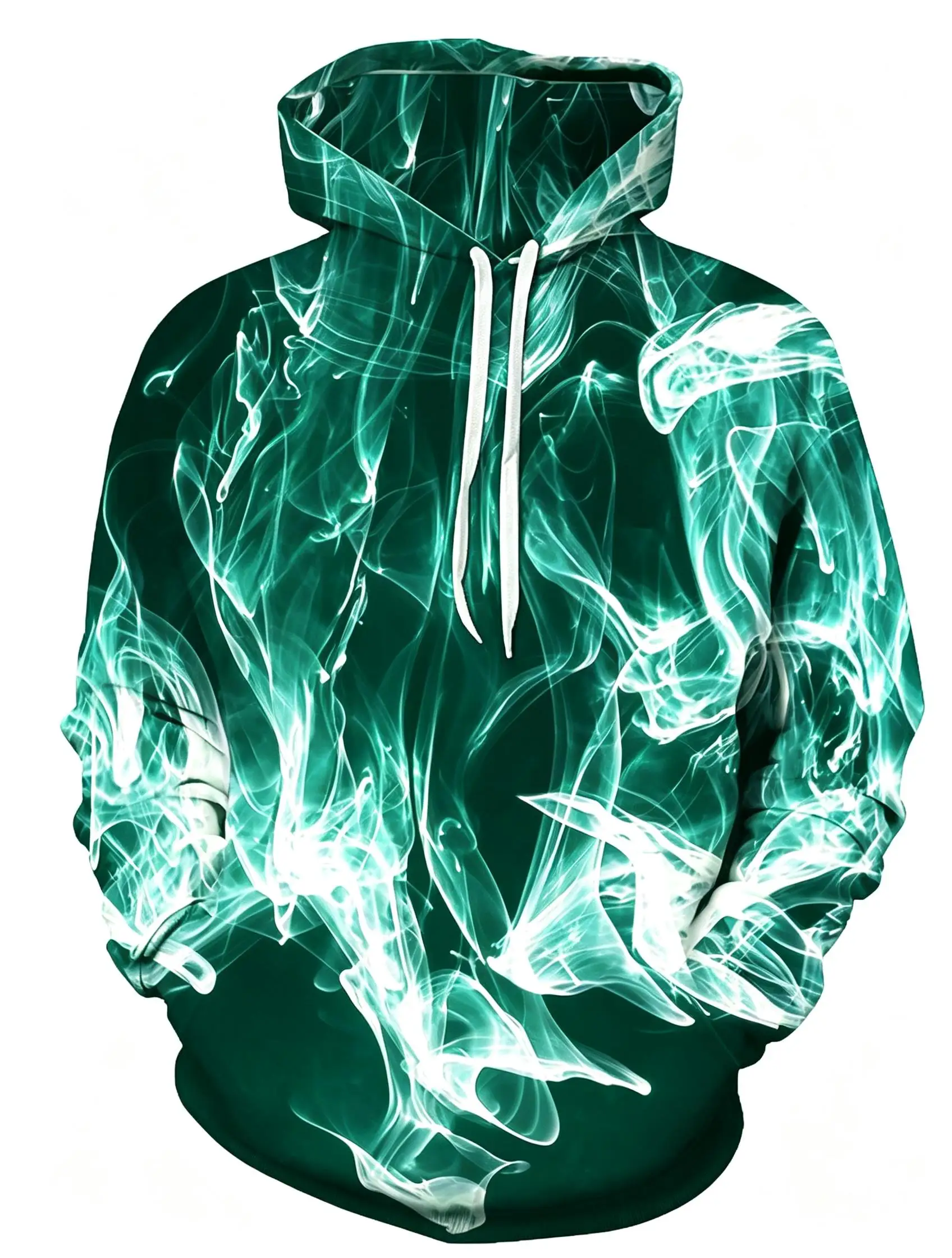 Men's Blue Golden Smoke Flame Abstract Full Print Hoodie Drawstring Pocket Cool Street Fashion Casual Pullover Tops
