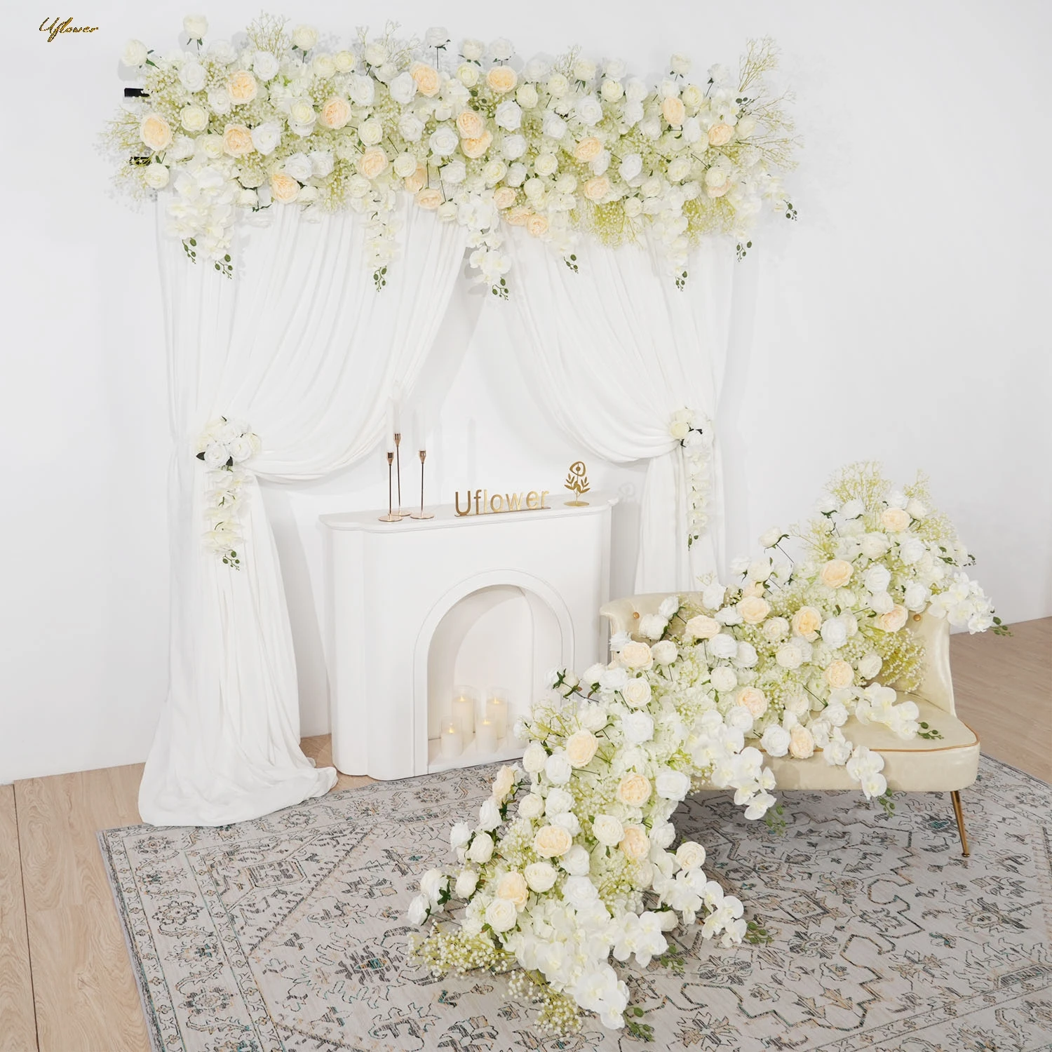 Uflower Yellow White 5D Rose Artificial Flower Hang Wisteria Floral Wedding Backdrop Banquet Event Party Prop Flowers Row Decor