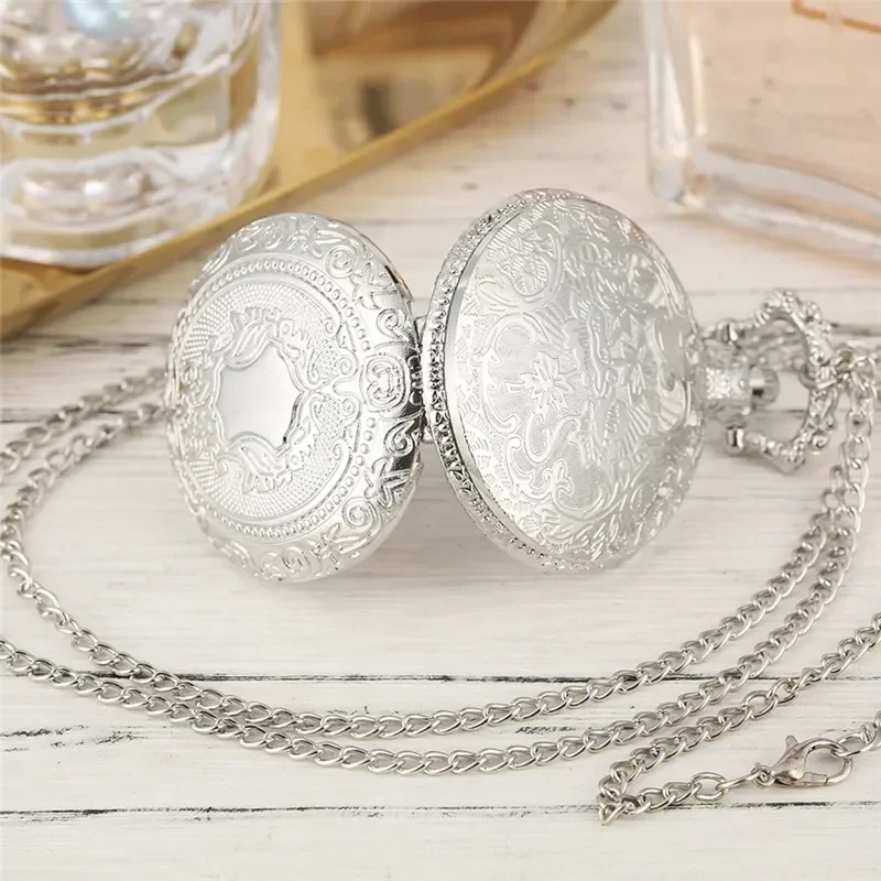 Silver/Gold Carved Shield Design Clock Men Women Quartz Analog Pocket Watch Arabic Number Dial Necklace Chain Timepiece